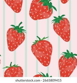 Morango vetor colorido sem emenda plano de fundo padrão. Ilustração de fruta isolada no plano de fundo listrado. Fundo sem costura com morangos para papel de embrulho, papel de parede