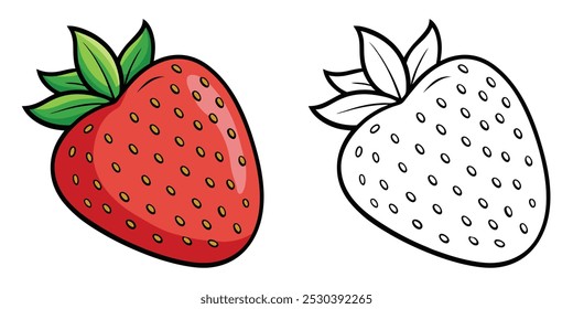 Páginas De Coloração De Morango Para Crianças. Livro de colorir de morango imprimível. Projeto Vetor Ilustração De Frutas De Morango Vermelho Sobre Fundo Branco