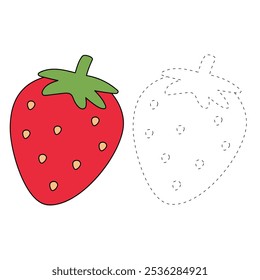 Strawberry coloring pages for kids. Trace and color Strawberry. Strawberry Fruit Flashcard for kids. Strawberry isolated on white background. Kindergarten and preschool worksheets printable for kids. 