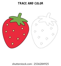 Strawberry coloring pages for kids. Trace and color Strawberry. Strawberry Fruit Flashcard for kids. Strawberry isolated on white background. Kindergarten and preschool worksheets printable for kids. 