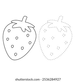 Strawberry coloring pages for kids. Trace and color Strawberry. Strawberry Fruit Flashcard for kids. Strawberry isolated on white background. Kindergarten and preschool worksheets printable for kids. 