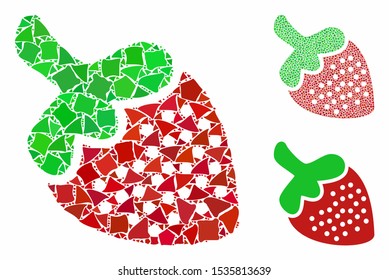 Strawberry composition of uneven pieces in various sizes and shades, based on strawberry icon. Vector abrupt pieces are composed into collage. Strawberry icons collage with dotted pattern.