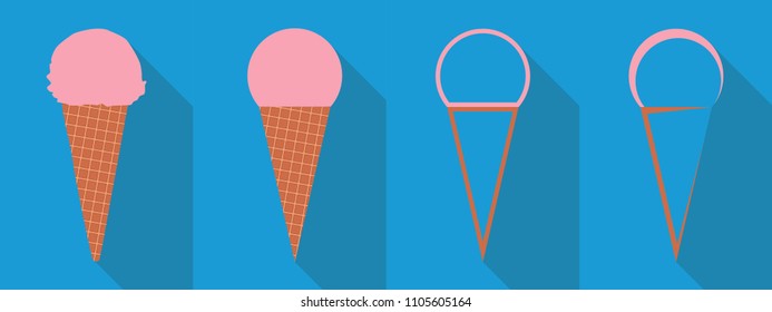 Strawberry cone. several models the first more detailed, the second with geometric shapes and the third and fourth with the form of an increasingly simplified icon. Flat design long shadow style.