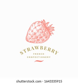 Strawberry Confectionary Abstract Vector Sign, Symbol or Logo Template. Hand Drawn Confectionery Berry Sketch Sillhouette with Elegant Retro Typography. Vintage Luxury Emblem. Isolated.