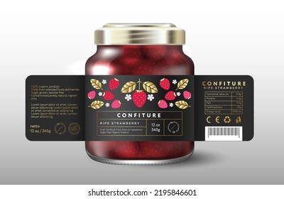 Strawberry confiture. Sweet food. Black label with red berries, gold leaves and small flowers. Mockup of Glass Jar with Label.