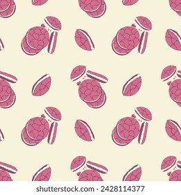 Strawberry cookies seamless pattern with pink macaroons cakes and cookies on cream background. Vector illustration