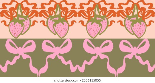 Strawberry coquette groovy seamless pattern with Bows. Retro vintage doodle girly background