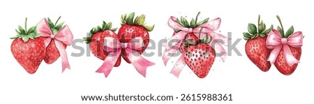 Strawberry coquette with pink bows set. Watercolor red strawberry decorated with pink satin ribbon bow. Vintage watercolor coquette elements. Vector illustration.
