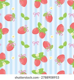 strawberry coquette seamless pattern, cute strawberries with leaves and small flowers on a blue and white striped background. Some strawberries have small pink bows