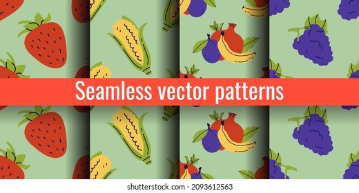 Strawberry, corn and grapes. Pomegranate, banana and plum. Fruit seamless pattern bundle. Color illustration collection in hand-drawn style. Vector repeat background set