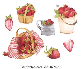 Strawberry cottage spring watercolor illustration showing baskets, jars, and fruit bowls in cozy countryside picnic style