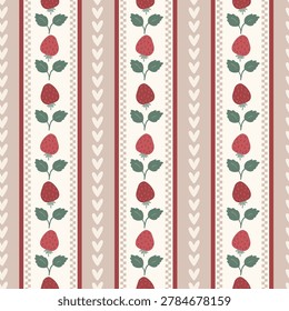 Strawberry cottagecore seamless pattern, repeating background in modern trendy stripes cottage shabby chic style for fabric, decor, textiles, fashion, stationery and etc.