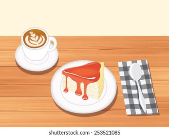 Strawberry crape cake with coffee