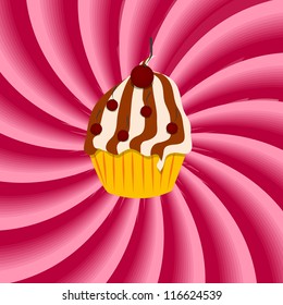 Strawberry, cream abstract hypnotic background with cupcake. vector illustration
