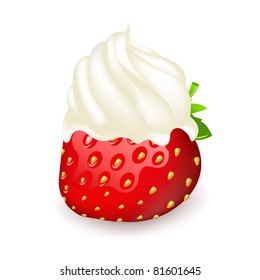 Strawberry With Cream, Isolated On White Background, Vector Illustration