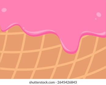 Strawberry cream melted with cone vector. Ice cream waffle sweet liquid illustration