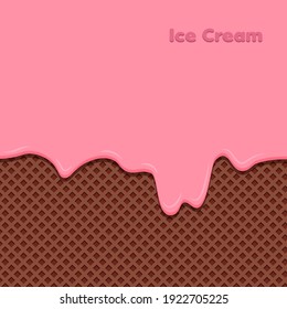 Strawberry cream melted on chocolate waffle background. Sweet ice cream background. Vector illustration