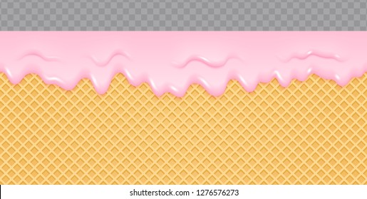 Strawberry Cream Melted on Wafer Background. Ice cream flow soft seamless texture. Vector Illustration.