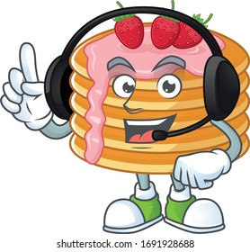 Strawberry cream pancake cartoon character style speaking on headphone