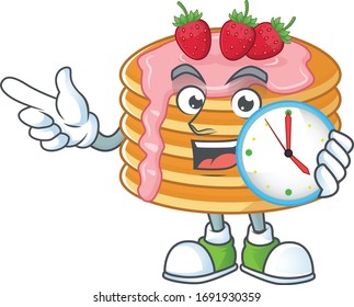 Strawberry cream pancake mascot design concept holding a circle clock