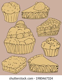 strawberry cream puffs and cupcakes chocolate ships strawberry jams pie. Bakery homemade vector and illustration.