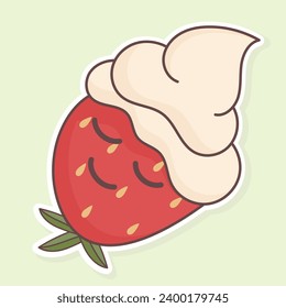 A strawberry with cream sticker that lies with its eyes closed and smiles in a cartoon style