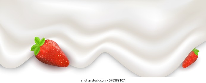 Strawberry and cream, vector realistic illustration. White flowing creamy background and fruit.