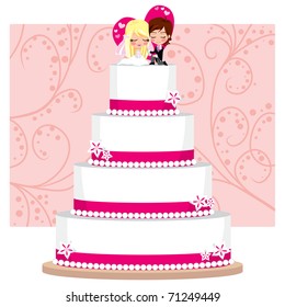 Strawberry and Cream Wedding Cake with flowers and groom and bride figure on top