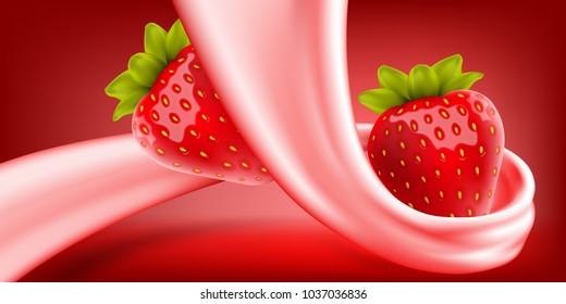 Strawberry In Cream Or Yogurt Swirl. Vector Illustration For Milk Products And Beverage Design High Quality Art.