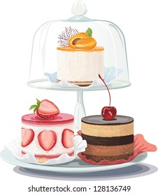 Strawberry Creamy Cake And Chocolate Cake On Plate And Apricot Cake On Cake Stand Under Glass Dome