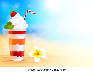 Strawberry creamy dessert cocktail on blurred summer sea background, vector illustration