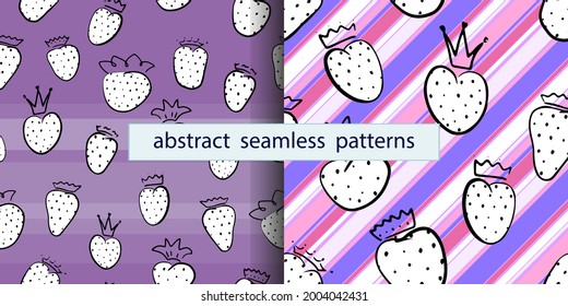 Strawberry with crown on diagonal lines, hand drawn berry in black line. Seamless pattern strawberry. Doodle the queen of berries for sweety summer childish design. Repeat endless vector illustration