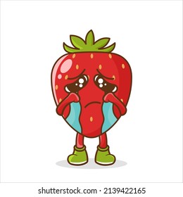 Strawberry cry cute character illustration. Crying sad strawberry fruit icon cartoon isolated on white