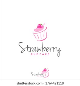 Strawberry Cup Cake Logo Bakery Vector Sweet Dessert Illustration