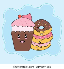 A strawberry cup cake and three donut 