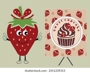 Strawberry cupcake. Strawberry advertises a sweet cupcake. The background is beige with red strawberries. Vector.