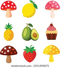 strawberry, cupcake, avocado, yellow, brown, red, or pink agaric mushroom, lemon , and pineapple Vector illustration in flat style.