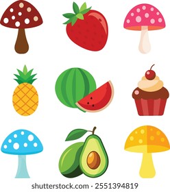 strawberry, cupcake, avocado, yellow, brown, pink,or blue agaric mushroom, watermelon , and pineapple Vector illustration in flat style.