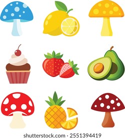 strawberry, cupcake, avocado, yellow, brown,red,or blue agaric mushroom, lemon , and pineapple Vector illustration in flat style.