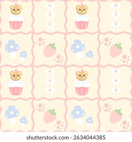 Strawberry cupcake bear, mushroom, bow on yellow  background, fabric pattern, checkered pattern, gift wrapping paper , seamless pattern 