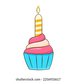 Strawberry cupcake with candle. Cartoon. Vector illustration. Isolated on white background