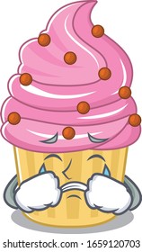 Strawberry cupcake cartoon character concept with a sad face is crying 