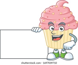 Strawberry cupcake cartoon character concept Thumbs up having a white board