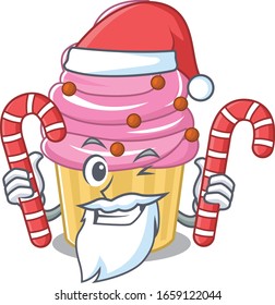 Strawberry cupcake Cartoon character wearing Santa costume bringing a candy