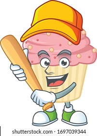 Strawberry cupcake cartoon design concept of hold baseball stick