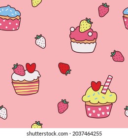 strawberry cupcake cartoons pattern design. sweet pink background. The seamless cute vibrant pattern in a girl or baby fashion, Fresh and juicy colorful strawberry fruit in summer.Vector  illustration