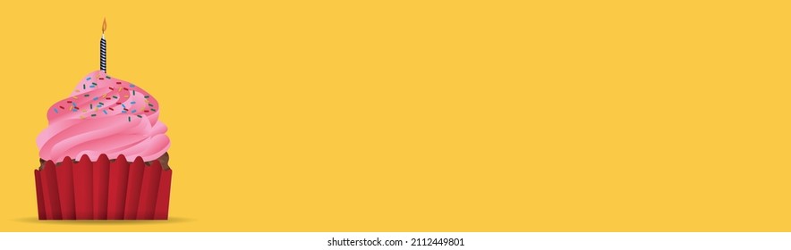 strawberry cupcake with colorful sprinkles, cupcake with birthday candle, yellow banner