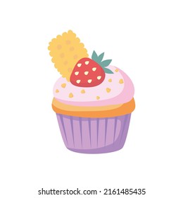 Strawberry cupcake with cookie, berry creame and crumbs in cupcake paper. Cute cream pastries. Muffin dessert sweet, food. Bakery shop, cooking, tea party. Hand drawn flat vector cupcake.