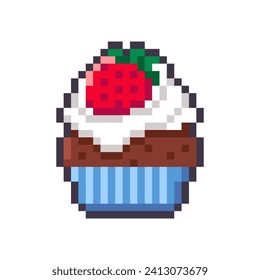 Strawberry cupcake with cream cheese frosting isolated on white background. Chocolate muffin pixel icon. Vector illustration of Valentine's Day elements in 16 bit old style.