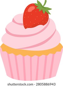 Strawberry Cupcake Flat Vector Illustration